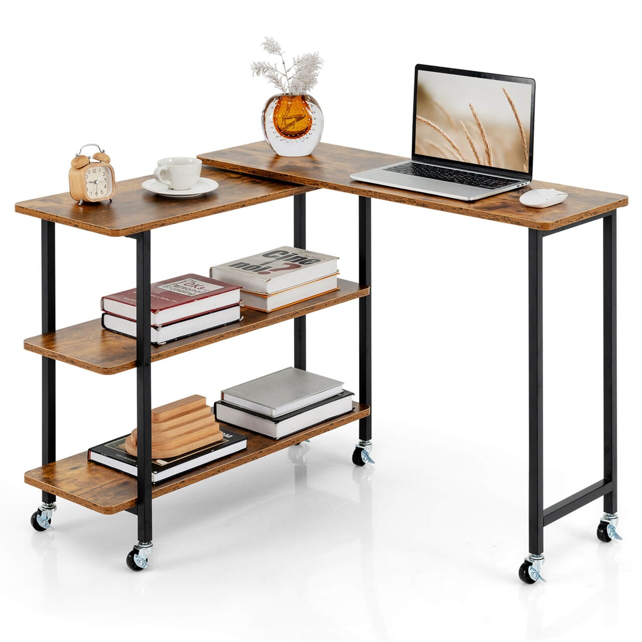 Costway 360° Rotatable Sofa Side Table L-shaped Laptop Desk Snack Table withShelf Patented Brown/Natural/Walnut/Rustic Brown